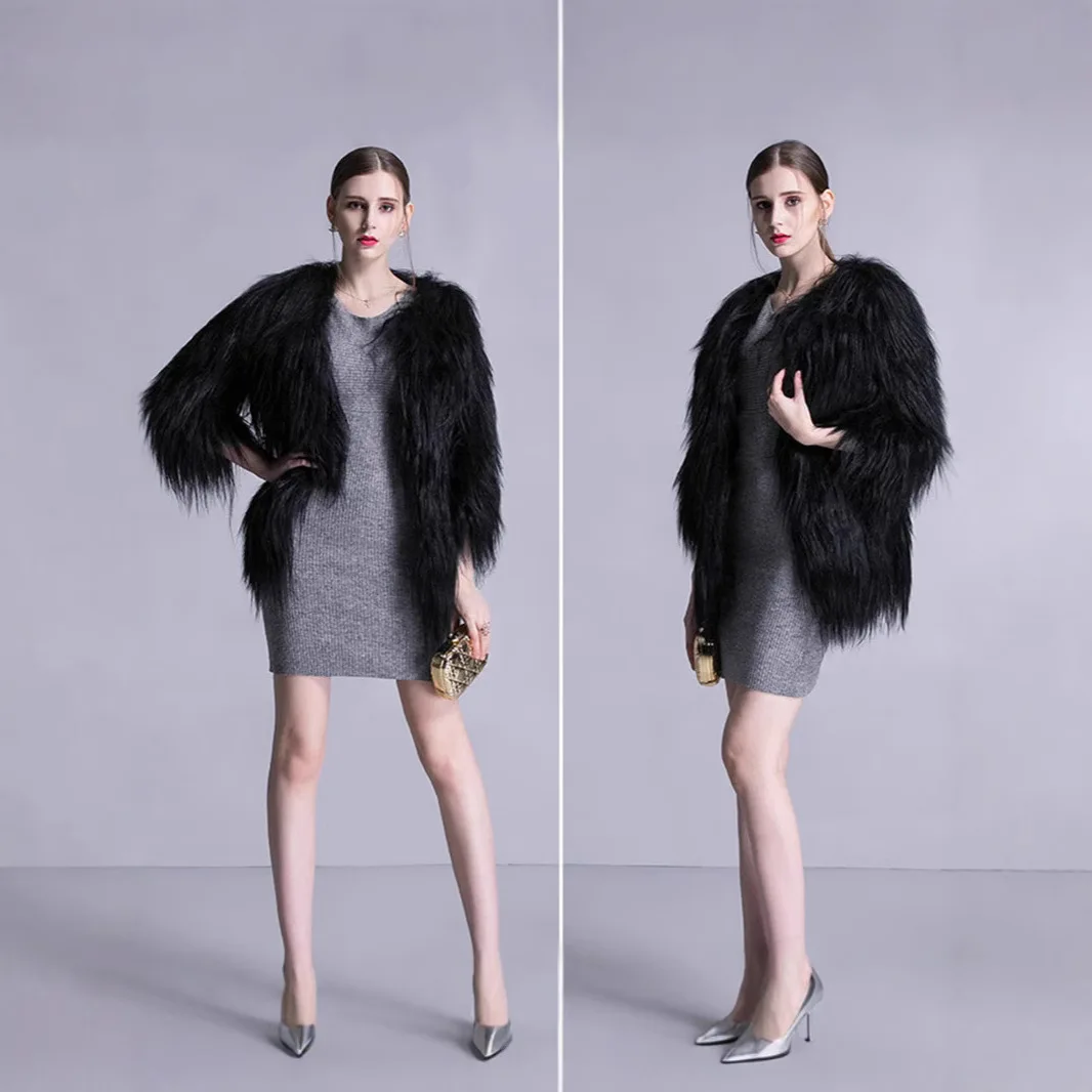 

Black Popular Winter Women's Eco Fur Coat Round Neck Raccoon Fur Woven Jacket For Female Mid Length Plush Lady Faux Fur Outwear