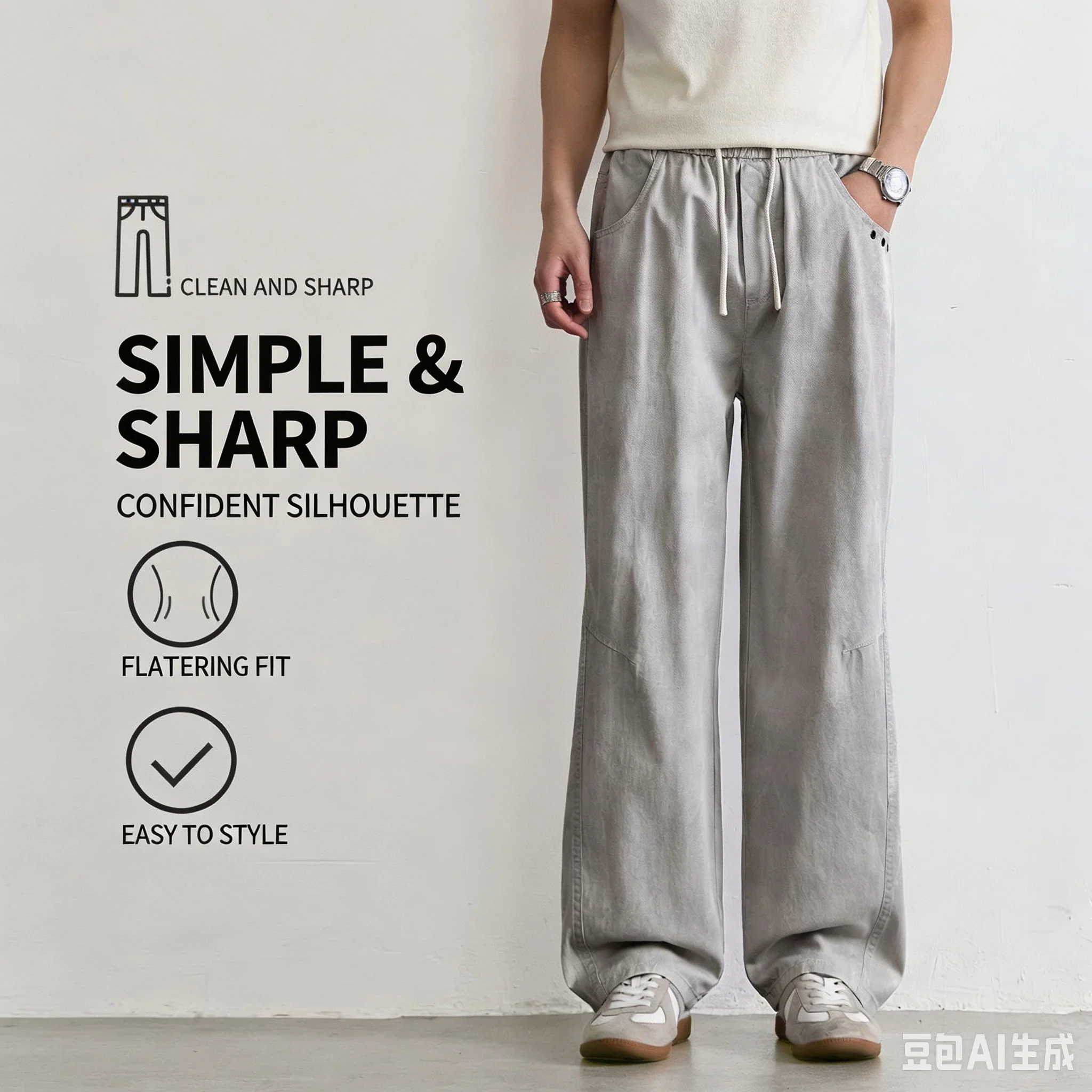 Men Vintage Curved Baggy Cargo Pants Drawstring Elastic Waist Wide Leg Trousers Streetwear Washed Solid Grey Tie Dye Grey Loose