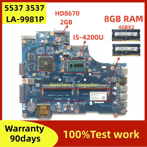 VBW00 LA-9981P CN-0MXM3Y For Dell Inspiron 15R 3537 5537 Laptop Motherboard With I5-4200U CPU HD8670 2GB GPU DDR3 4GB 8GB RAM
