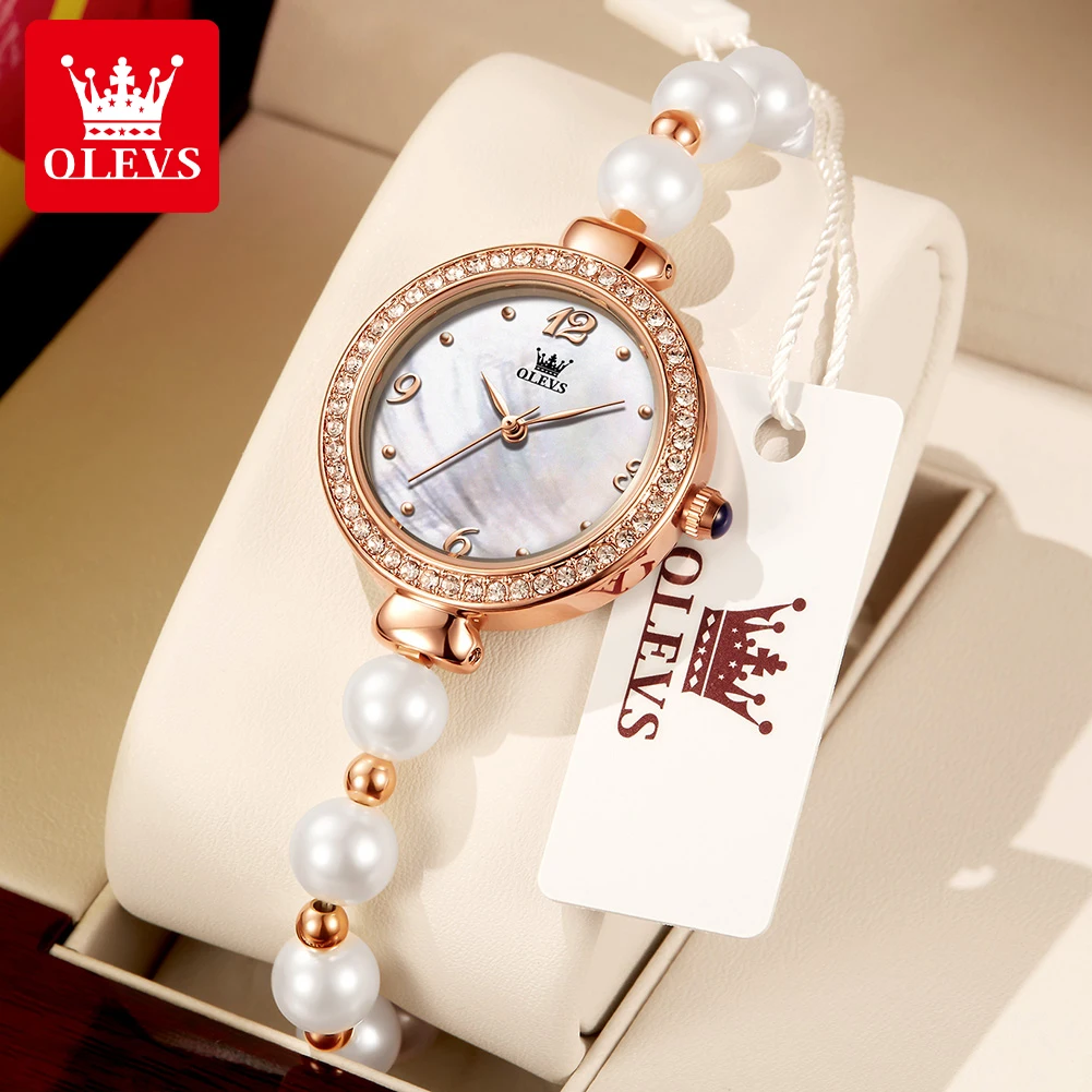 OLEVS 9968 Women\'s Quartz Watches Synthetic Pearl Watchband Elegant Luxury Diamond Bezel Design 30m Waterproof Ladies Wristwatch