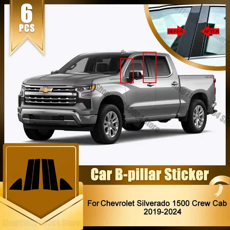 Gloss Black Pillar Posts Fit For Chevrolet Silverado 1500 Crew Cab 2019-2024 Exterior Door Side Window Moulding Trim Cover