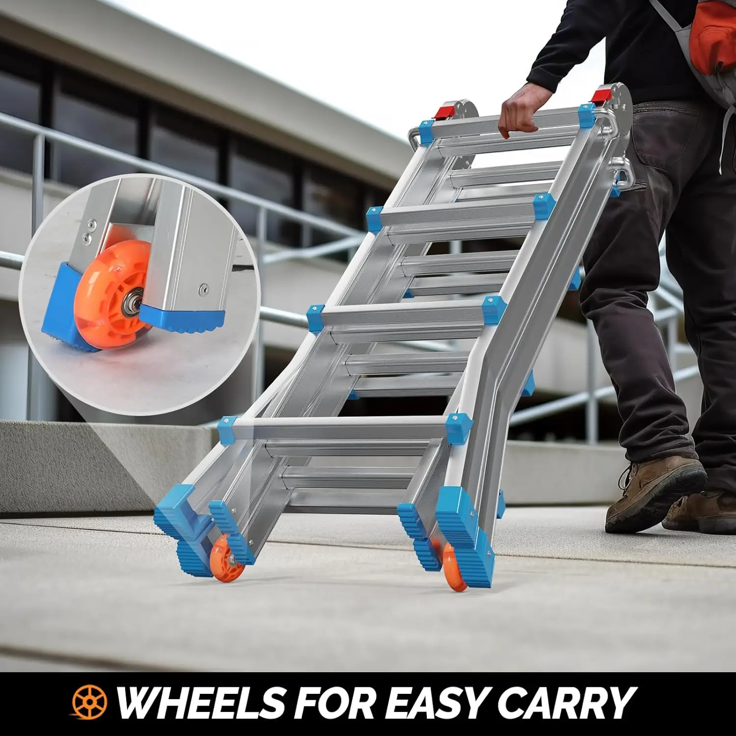 LUISLADDERS Ladder, A Frame 4 Step Ladder Telescoping Ladder, 17 Ft Reach Height Muti Position Folding Ladder Flared Leg & Wheel