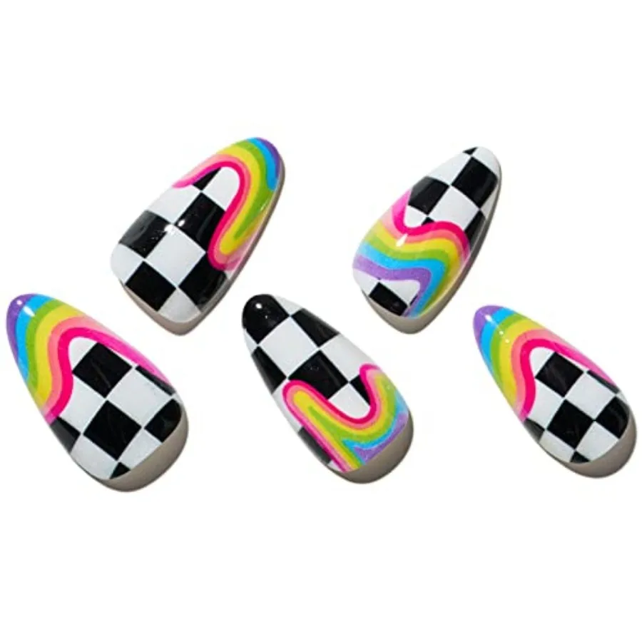 Rainbow Press on Nails Medium Almond, Y2K Rainbow Crush Gel Glue on Nail with Checkerboard Color, Glossy Short Stiletto Reusabl