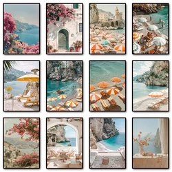 Retro Italy Coastal Amalfi Umbrellas Summer Beach Europe Travel Poster Canvas Painting Wall Art Pictures Home Interior Decor