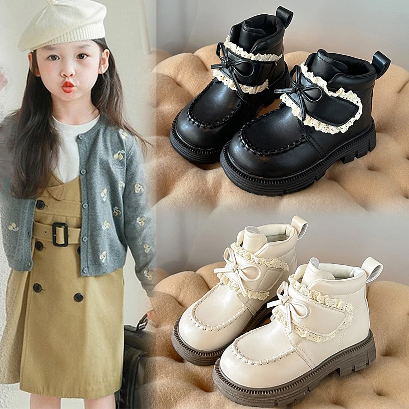 

2025 New Children's Short Boots Bow Lace Girls Single Boots Fashion Versatile Kids Loafers Girls Leather Boots Детская Обувь