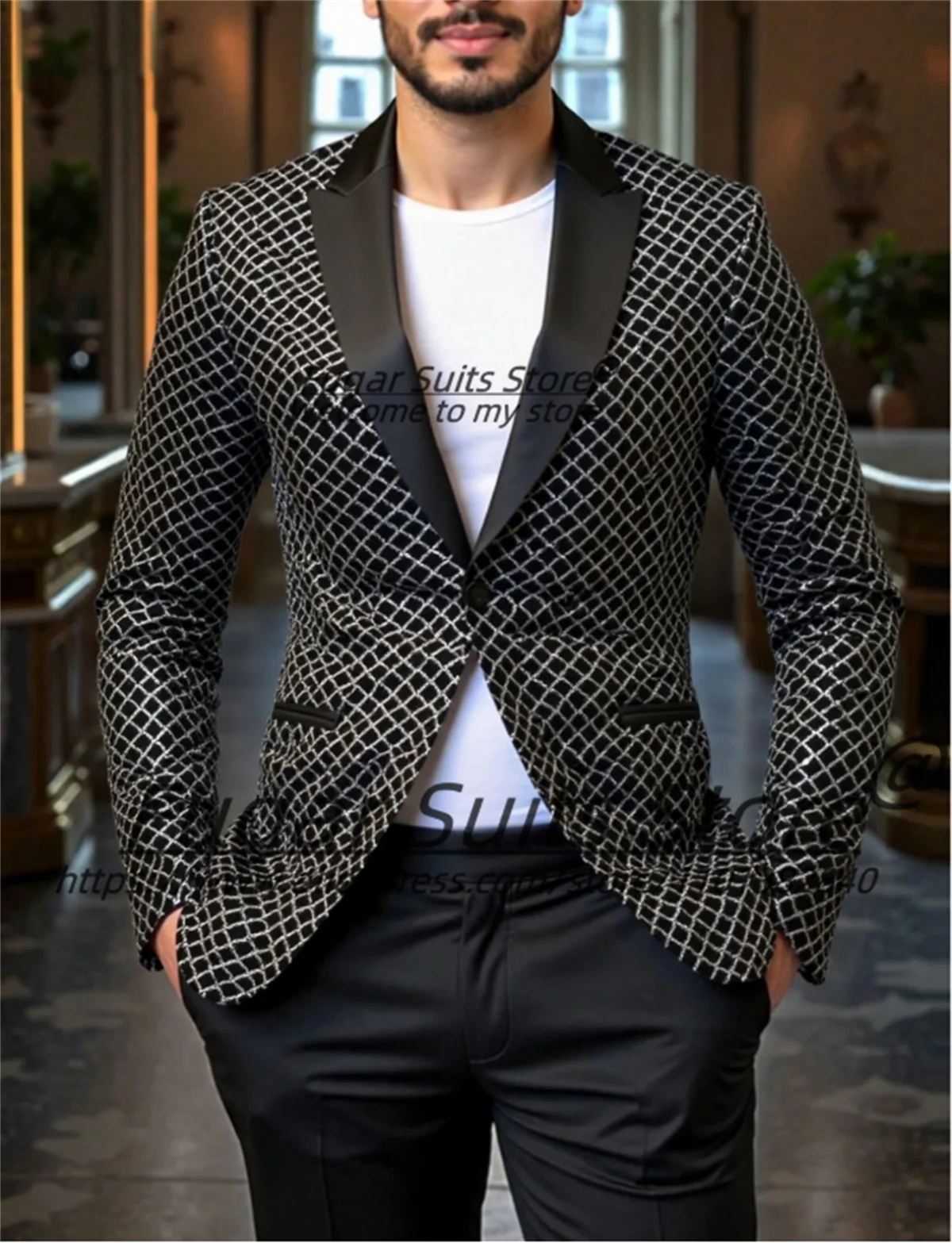 

Luxuly Shiny Black Prom Men Suits Customized Slim Fit Peak Lapel Grom Wedding Tuxedos 2Pieces Sets Male Prom Blazers Ropa Hombre