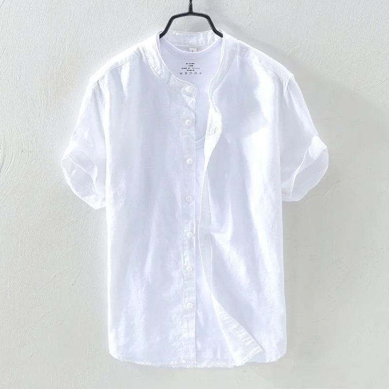 

Loose Fit Linen Cotton Blend Men's irt ort Sve Summer Thin Casual White irt Fre Sle round Ne All Seasons
