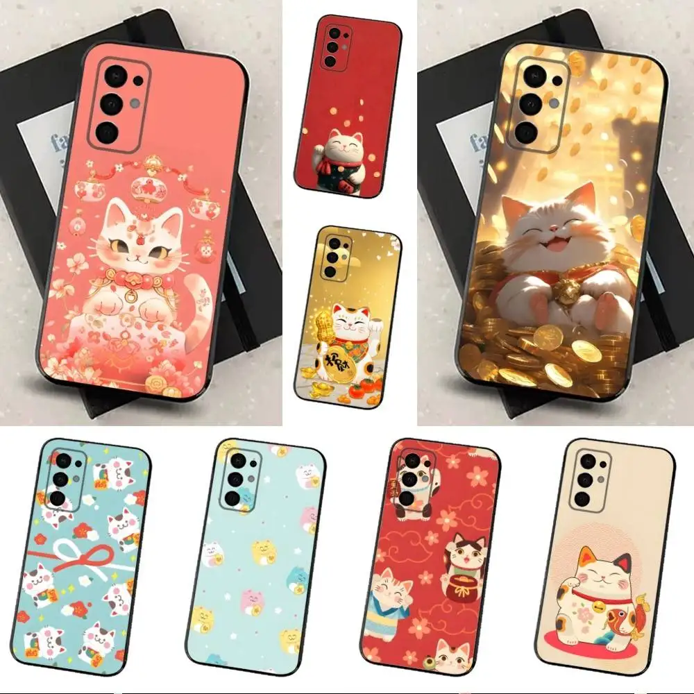 

Cartoon Lucky Cat Cute Art Phone Case For Samsung Galaxy A73,31,32,72,41,53,52,71,22,5G,Note,J7,8,9 Soft Black Silicone Cover