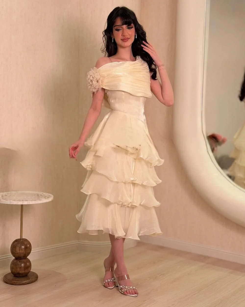 Customized Yellow Organza Matching Sparkle Handmade Flower Pleat Tiered A-line Off-the-shoulder  Ankle Length Evening Dresses