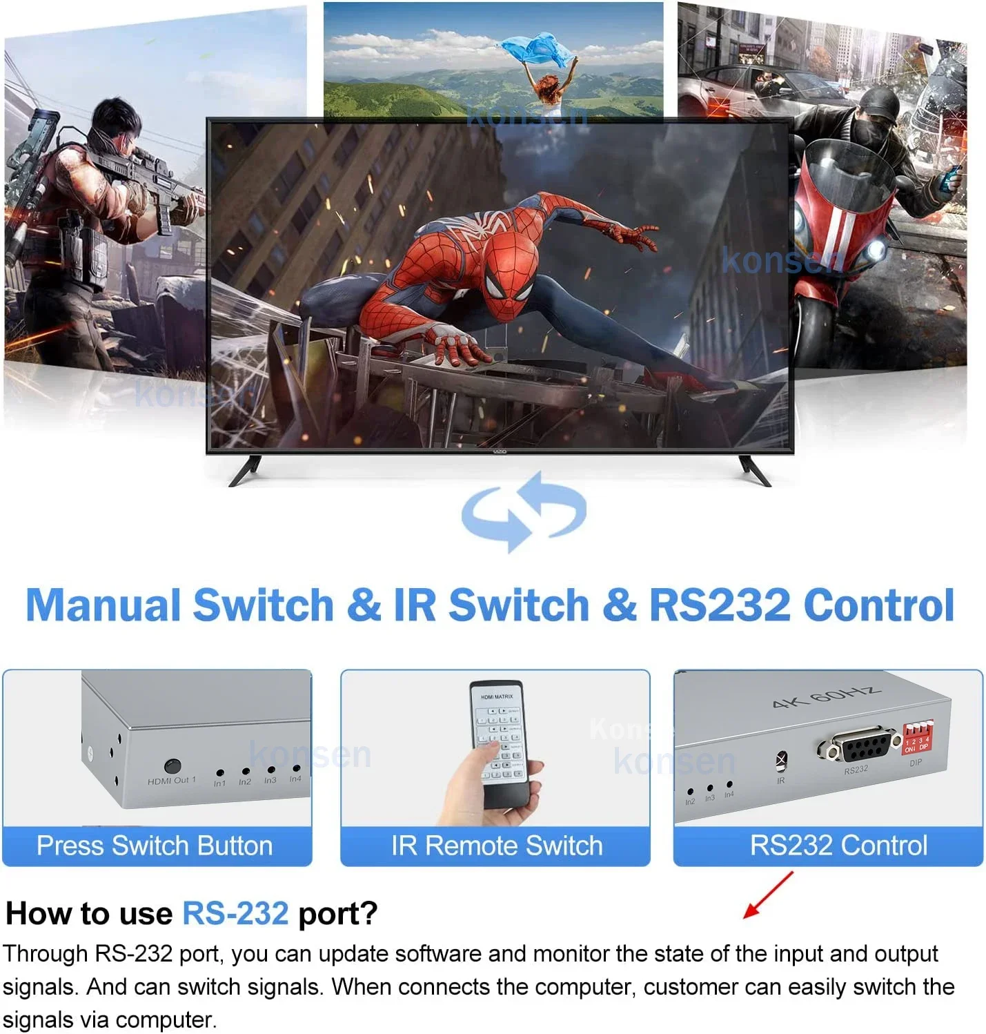 Przełącznik True Matrix 4K 30 Hz/60 Hz HDMI 4x4 z ekstraktorem audio R/L Matryca wideo Przełącznik HDMI Rozgałęźnik 4 wejścia 4 wyjścia HDCP2.2 EDID