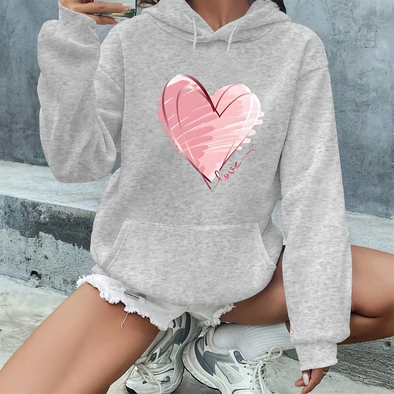 سترة نسائية للخريف والشتاء دافئة وفضفاضة كاجوال على شكل قلب مطبوعة مخملية سميكة بأكمام طويلة وغطاء للرأس #5