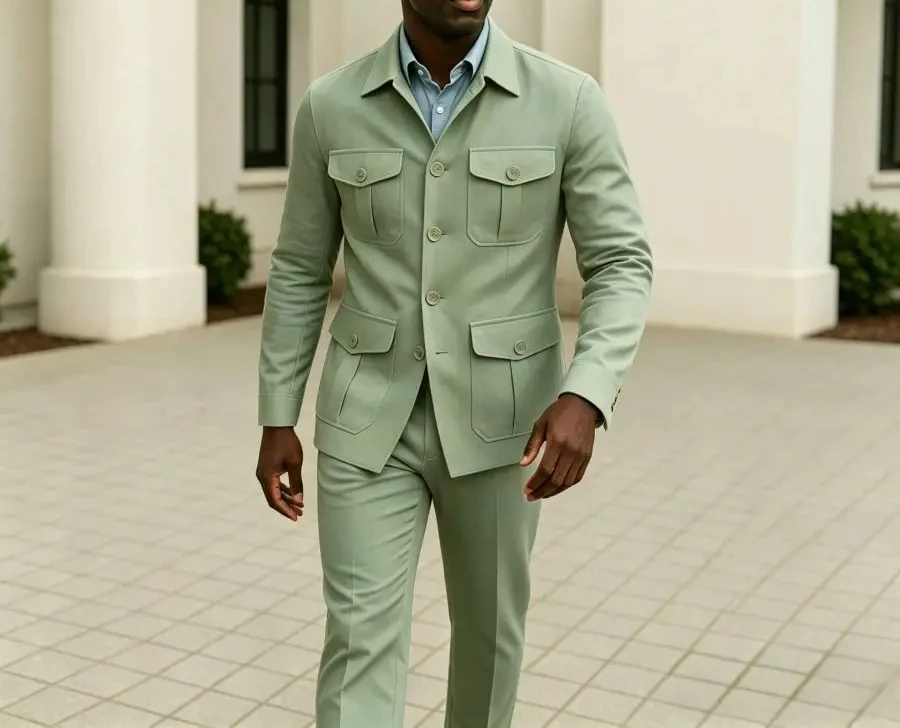 Sage Green  Safari Suit Men Summer Lightweight Two Piece Set Casual Wedding Groom Wear Beach Party Mens Fashion