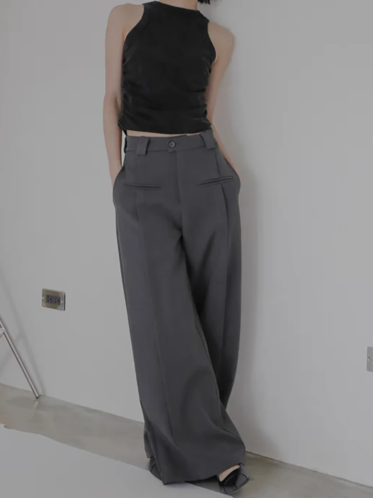 PBAP خمر مطوي رمادي دعوى السراويل النساء الصلبة لصق جيوب عالية الخصر ثنيات واسعة الساق السراويل الطويلة الصيف ملابس كاجوال #6