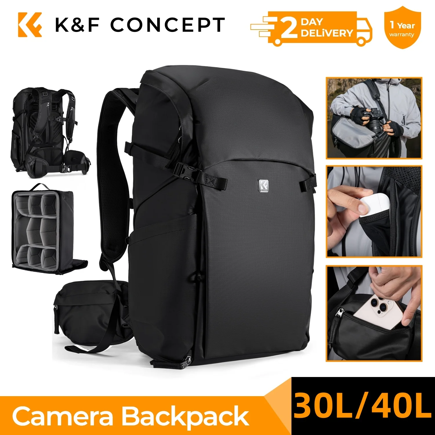 

K&F Concept 30L/40L Large Capacity Travel Camera Backpack For Canon Sony DSLR Photography Camera Bag Laptop Waterproof RainCover
