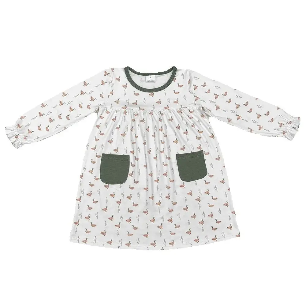 

New Arrival Baby Girls Dress Long SLeeve Fall Ducks Green Pockets Knee Length Dresses Kids Clothes Boutique Toddler Girls Dress