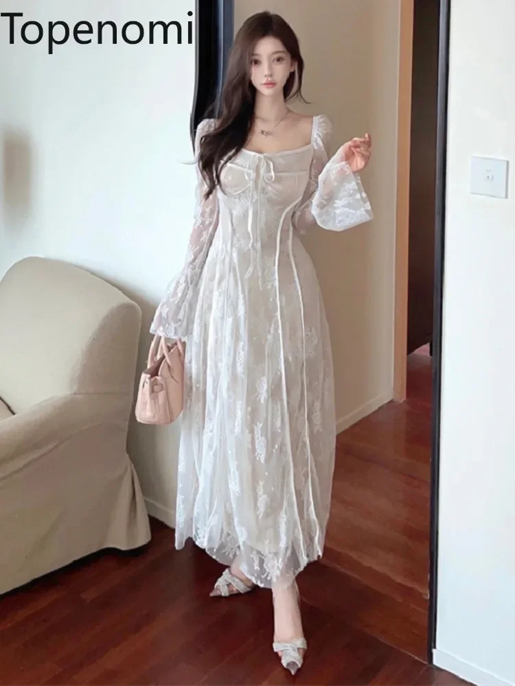 Topenomi Fashion Evening Princess Dress French Fairy Lace Flare Sleeve High Waist A-line Banquet Party Gown Elegant Wedding Robe