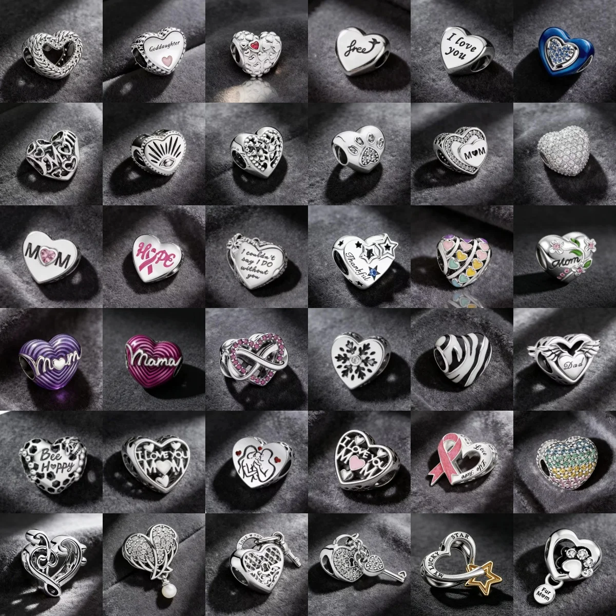Image of Klassische 925er Silber Herzförmige Charm-Perle Hohle Emaille Kristall Zwischenperle Familien-Mama-Thema DIY Armband Schmuckzubehör