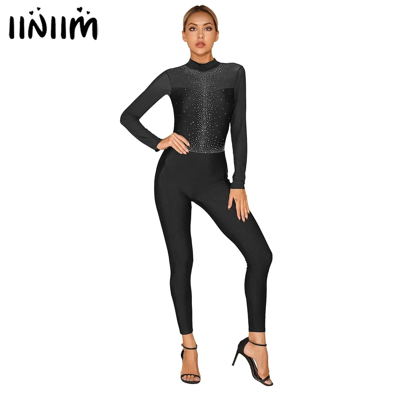 

Womens Glittery Rhinestone Sheer Mesh Long Sleeve Dance Wear Unitards Jumpsuit Figure Skating Gymnastic Ballet Dance Costume