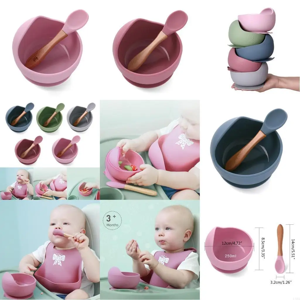 

BPA Silicone Waterproof Baby Suction Cup Base Bowl Training Spoon Set Non-Slip Learning Feeding Plate Tableware L8RB