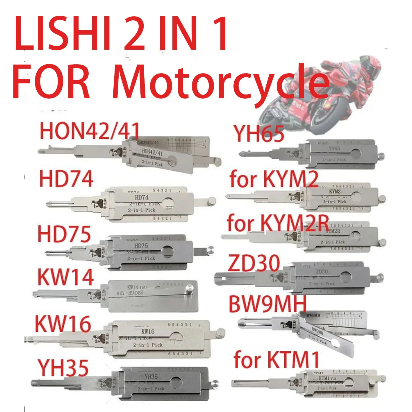 

2HD75 SZ14 KW14 YH35 YH65 KYM2 BW9MH HON42/41 HON63 HON70 HD74 026 NEW Motorcycle LIshi 2-in-1 Locksmiths tool