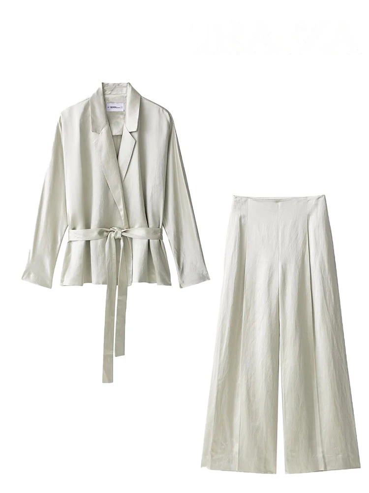 

HH Female Long Pant Sets Turn-Down Collar Long Sleeves Coats+High Waist Zipper Trousers Women Autumn Fashion Lace-Up Suits