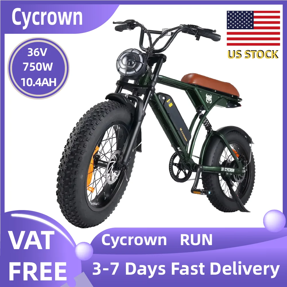 

Электровелосипед Cycrown RUN для взрослых, 750W мотор, 36V 10.4Ah, двойная батарея, 20-дюймовые широкие шины, внедорожный электрический горный велосипед.
