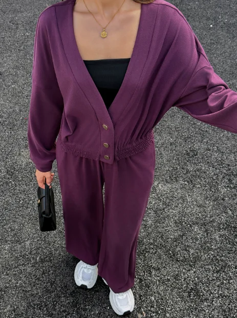 2025 بلون الخامس الرقبة طويلة الأكمام بلوزات و عالية الخصر مستقيم الساق السراويل مجموعة لخريف المرأة عادية فضفاض 2 قطعة مجموعة