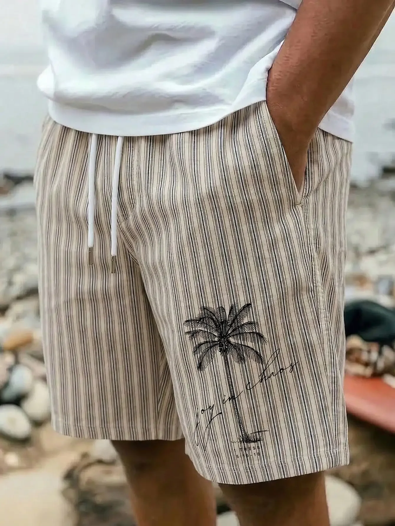 

Men's Palm Tree Print Casual Drawstring Beach Shorts, Summer