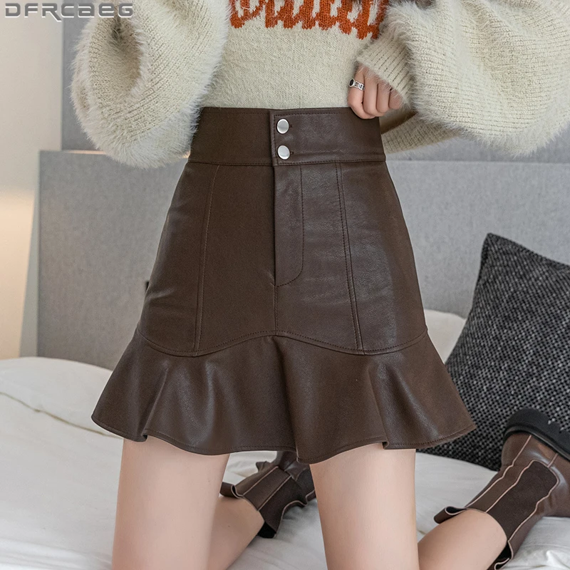 Vintage High Waist Mermaid Mini Skirts Women Korean Autumn Winter Streetwear PU Leather Skirt A-Line Bodycon Black Jupe Femme