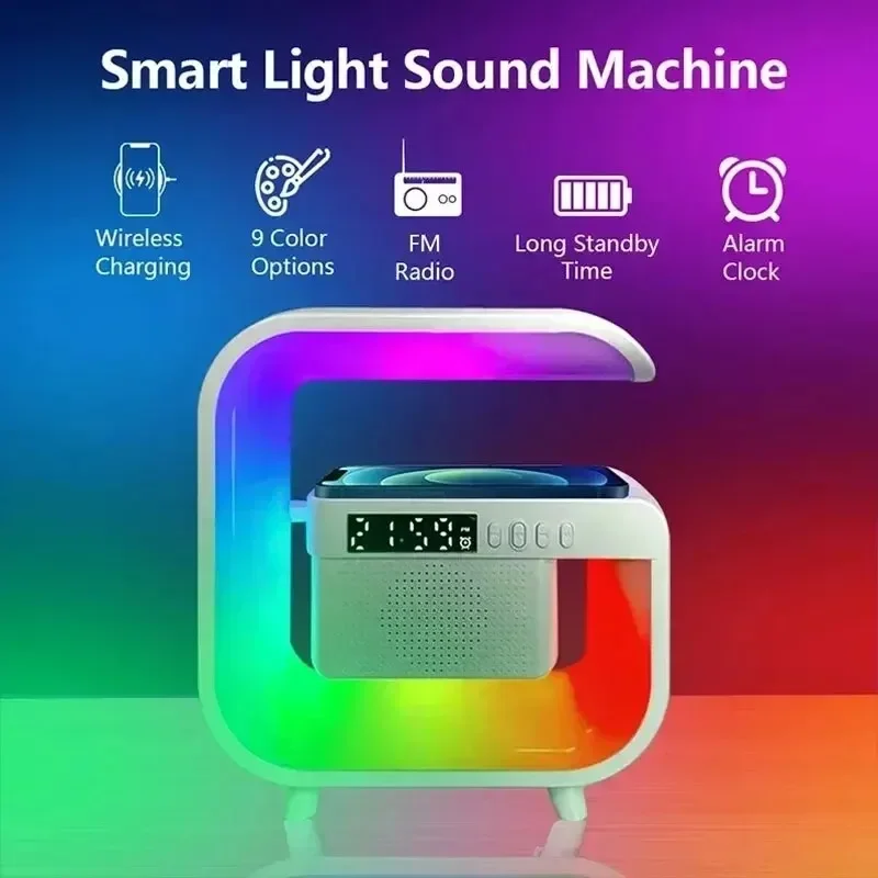 Wireless Charger Pad Stand Bluetooth Speaker RGB Night Light Alarm Clock Phone Fast Charging Station for iPhone Samsung Xiaomi