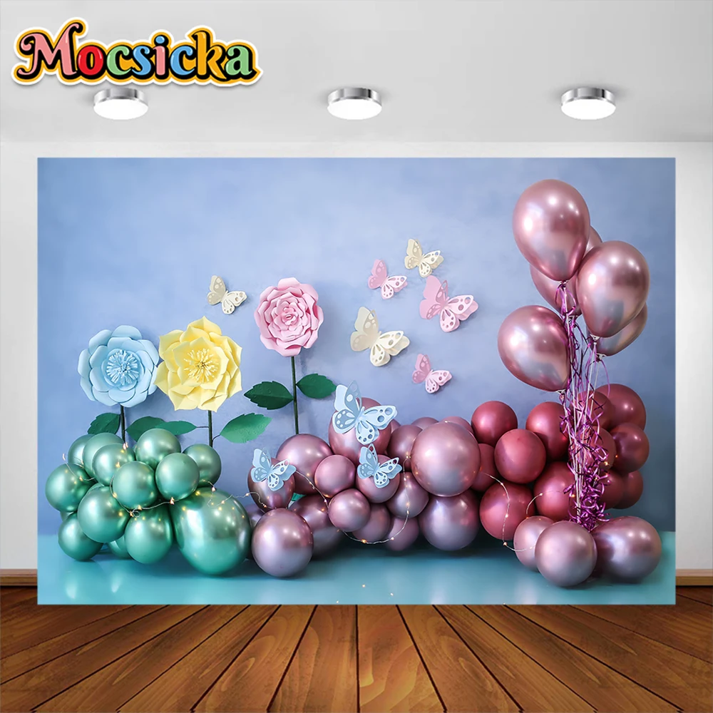 Fondo de fiesta de globos de princesa de colores, fotografía de cumpleaños de niña, pastel, Smash Castle, fondo rosa, estudio de sesión de fotos