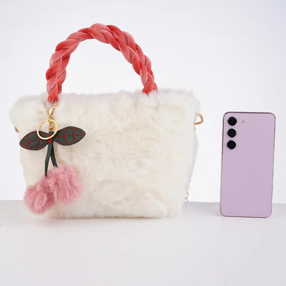 Versatile Cute Cherry Girl Plush Handbag for Women 2024 New Autumn/Winter Plush Single Shoulder Crossbody Bag for Women