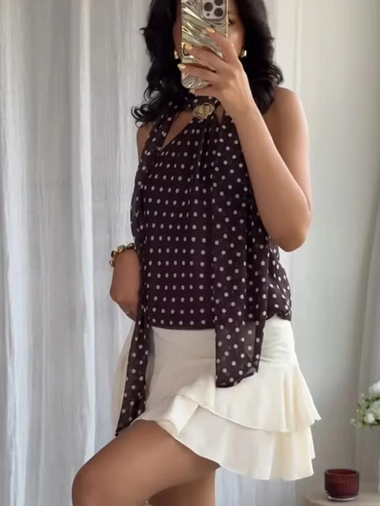 HH Elegante Frauen Polka Dot Gedruckt Schal Metall Schnalle Top Sommer Frau Ärmellose Backless Neck Halter Sexy Party Top Mujer