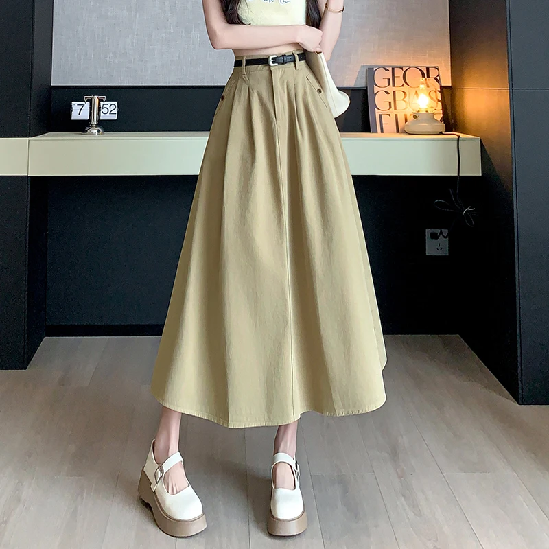 

2024 New Spring Summer Women Long Skirts Ladies Fashion High Waist A-line Pleated Skirt Woman Casual Mid-length Umbrella Skirt