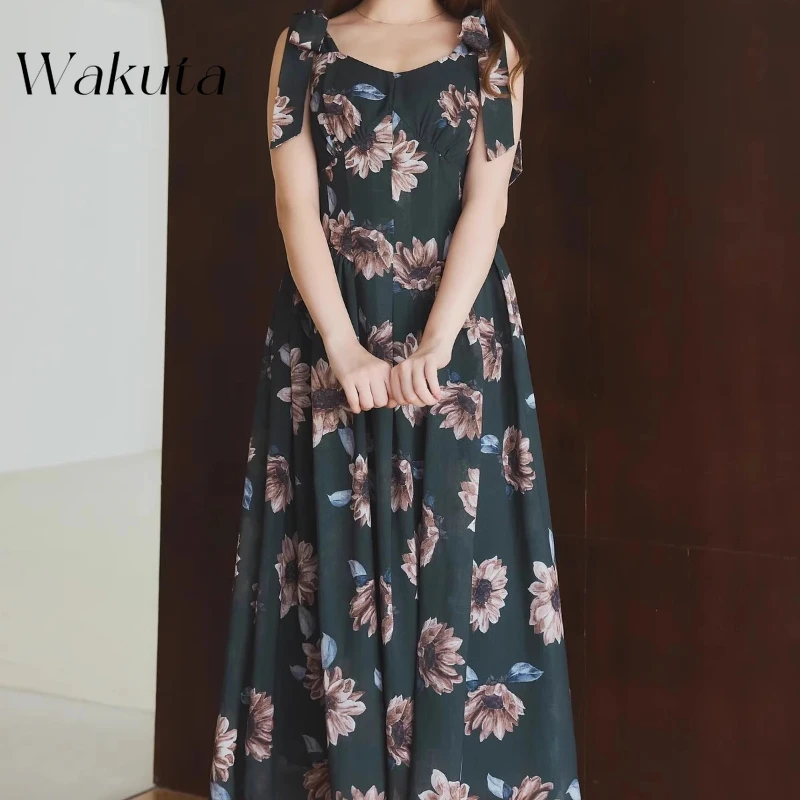 

WAKUTA Japanese Summer New Japanese Vestidos Print O Neck Sleeveless Bowknot Shoulder Strap Ribbon Dresses Sweet Women's Robe