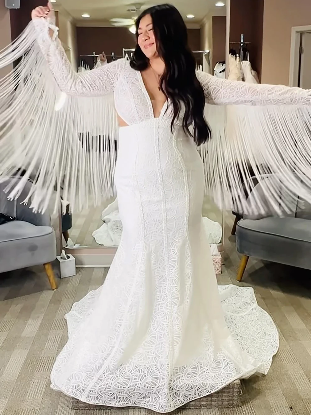 Abito da sposa con frange e maniche lunghe con vita impero personalizzato, scollo a V, clessidra, schiena aperta, pizzo, abiti da sposa a sirena Boho