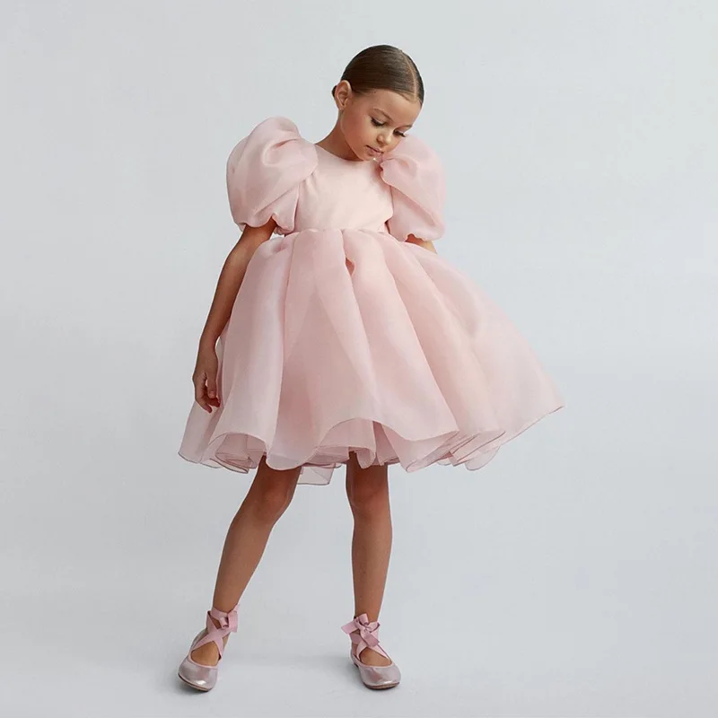 Cute Girl Princess Dress Little Girl Puff Sleeve Gala Tutu Gown Kids Birthday Bow Outfits Flower Girl Wedding Party Clothes 3-8T