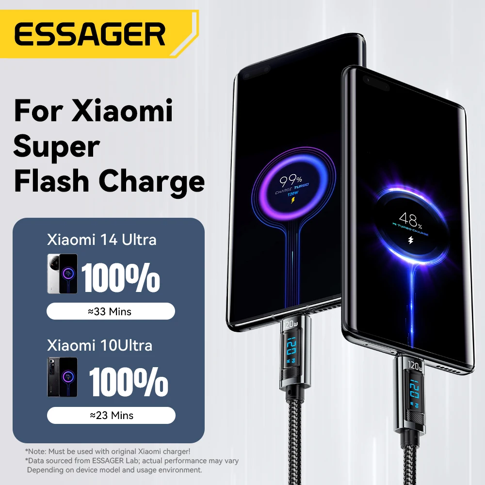 Essager USB C타입 케이블 PD 슈퍼 플래시 충전 6A, 샤오미 14 프로 레드미 K70 포코 X6 블랙 샤크 3 프로 LED 디지털 디스플레이, 120W