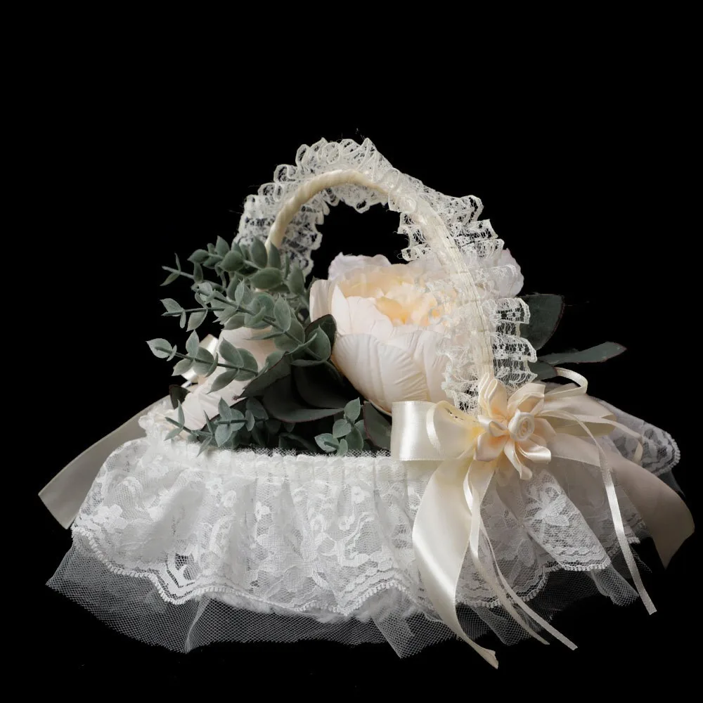 1pcs, Festival, Valentine's Day, Wedding Supplies, Bridal Wedding Basket, Lace Bow Hand-woven Flower Basket,wedding Decoration