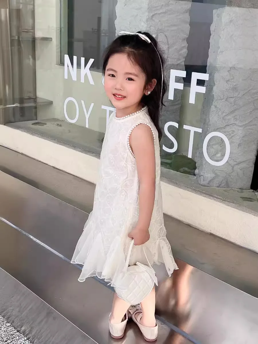 Children\'s Dress Summer New Korean Version of the Princess Dress Fashion Pearl Sleeveless Dress Pure White Undershirt Dress