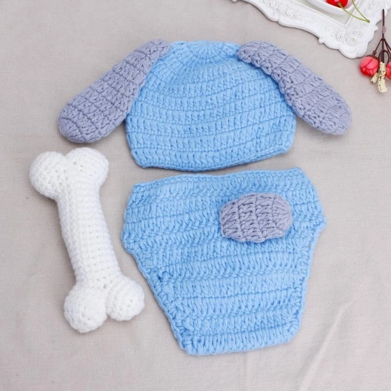 3 Pcs/Set Newborn Photography Prop Hat + Knitted Shorts Photo Clothing with Bone Photo Props Outfits