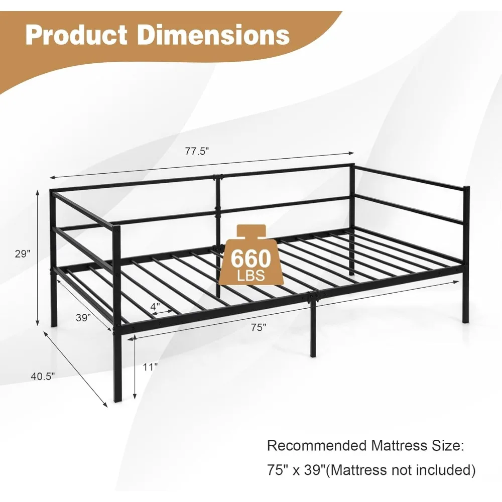 Daybed Frame, Metal Twin Size Platform Bed with Heavy Duty Slat Support, Space-Saving Sofa Bed Frame for Living Room Bedroom