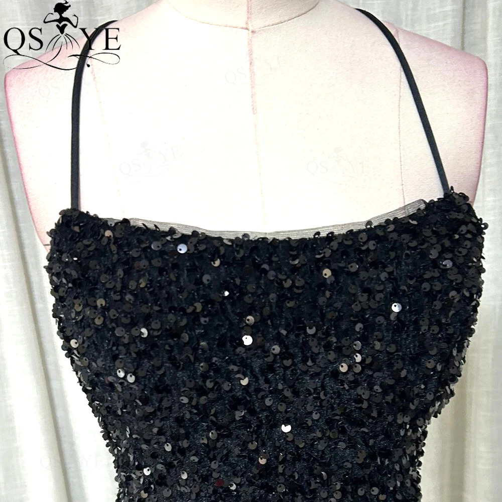 Black Sequin Sheath Short Prom Dresses Spaghetti Straps Open Low Back Evening Gown Knee Length Back Straps Sexy Girl Party Gown