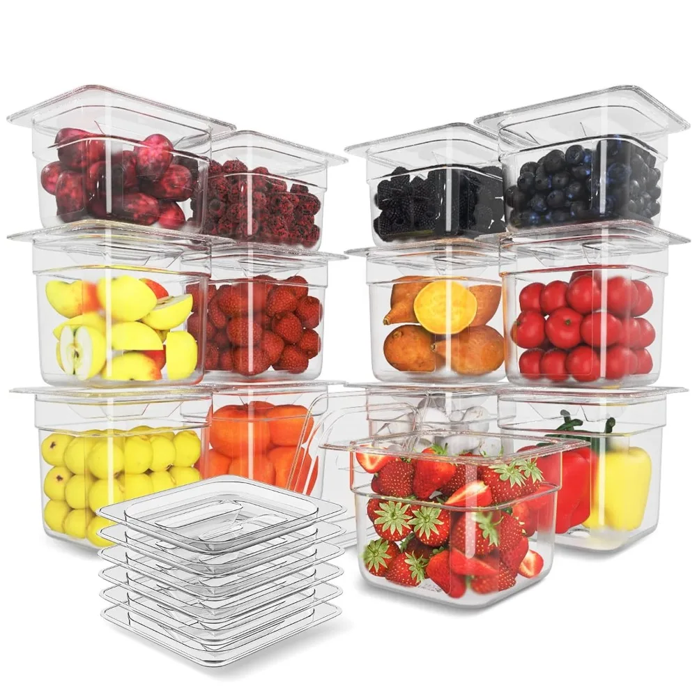 12 Pack Plastic Food Pan with Lid 1/6 Size 6 Inch Deep Restaurant Clear Food Storage Containers