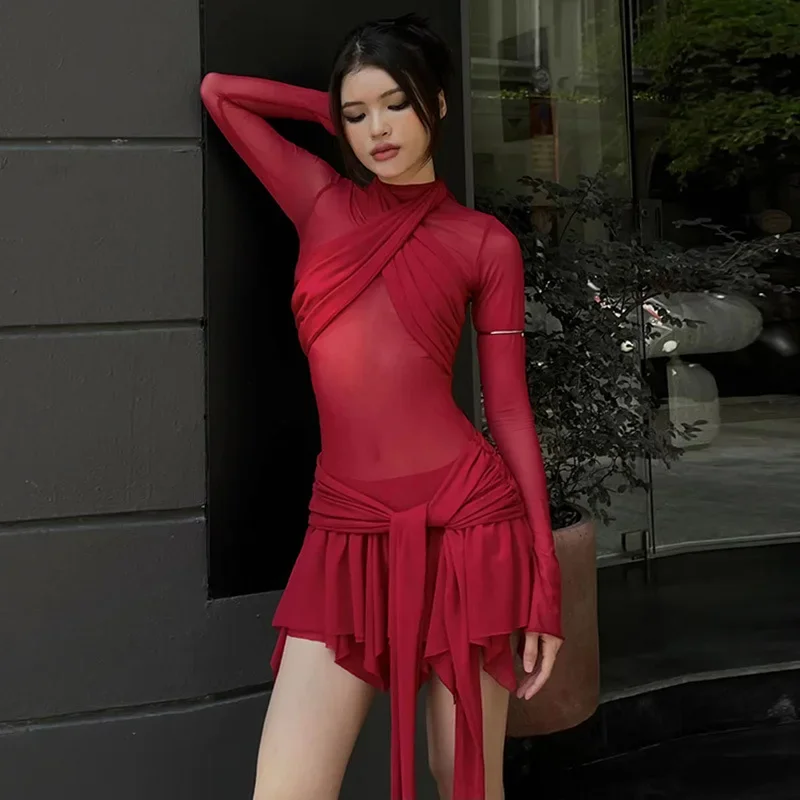 

Mesh patchwork long sleeved dress slim fit short latin dance dress women ballroom dress