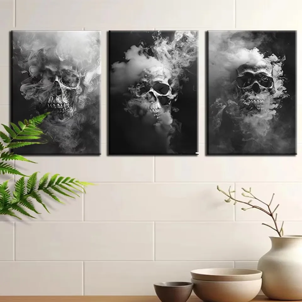 Skull in Smoke Triptych 3pcs Diamond Painting Perfect for Home, Living Room, Coffee Shops & Offices - Luxurious Decor