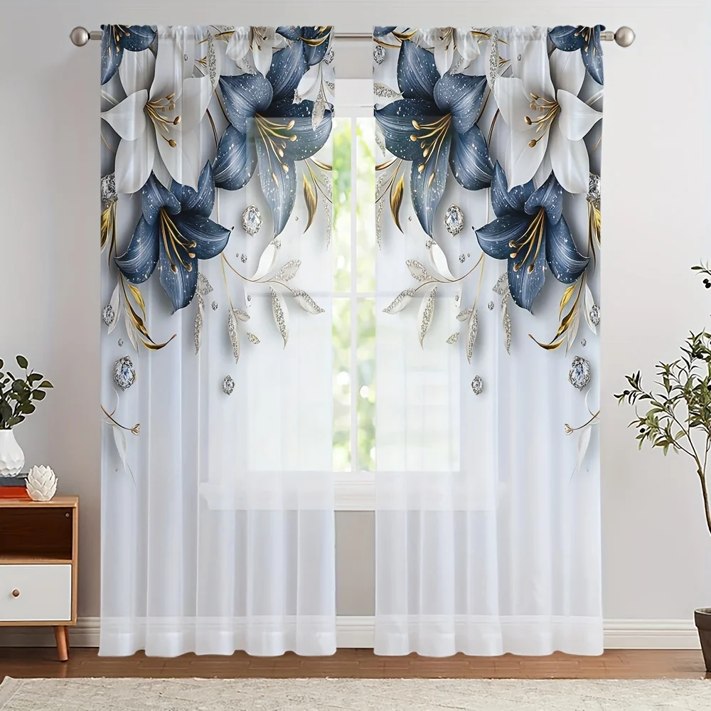 

2Pcs Elegant Black And White Floral Print Transparent Window Drapes for Bedroom Living Room Decoration Window Treatment.