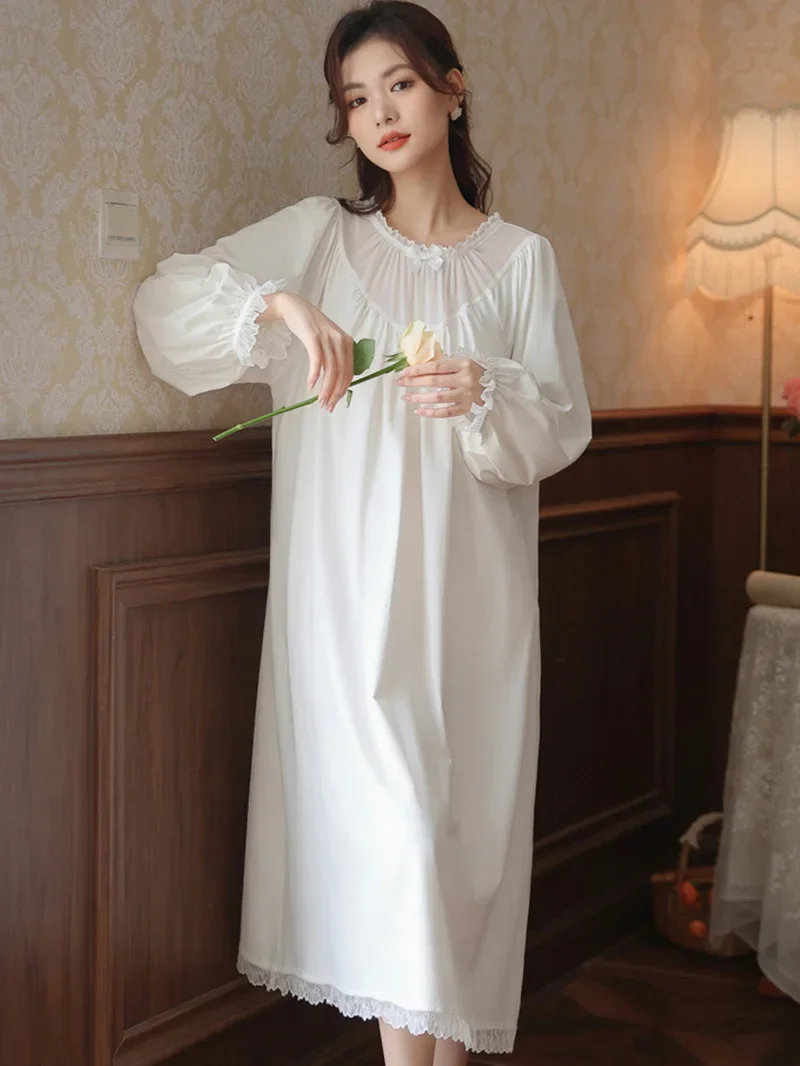 Women Long Sleeve Nightdress Spring Cotton Mesh Fairy Pajamas French Vintage Princess Loose Victorian Nightgowns Sleepwear image 3