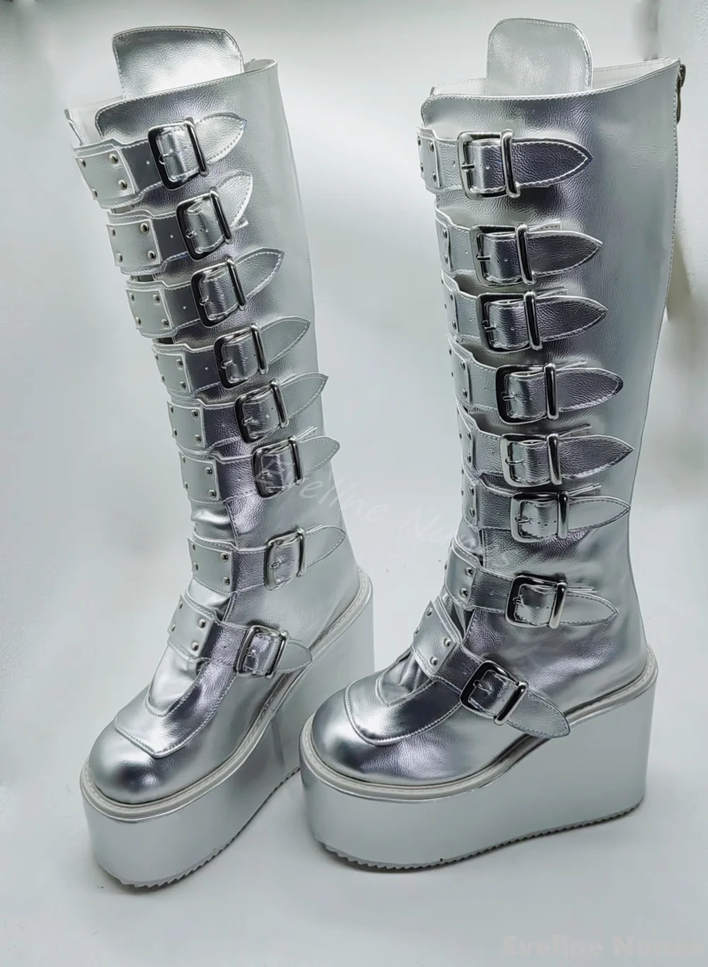 

Silver Platform Wedges Knee High Boots Women Buckle Strap Mirror Boots Metallic Silver Daily Casual Dress Gothic Sexy Mary Jane