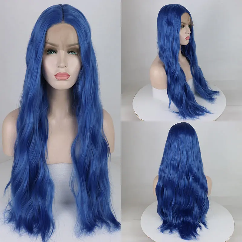 

Bombshell Blue Color Water Wave Synthetic Lace Front Wigs Glueless High Quality Heat Resistant Fiber Hair Middle Part For Women